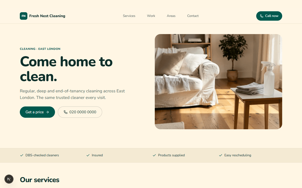 Fresh Nest Cleaning: example cleaning website