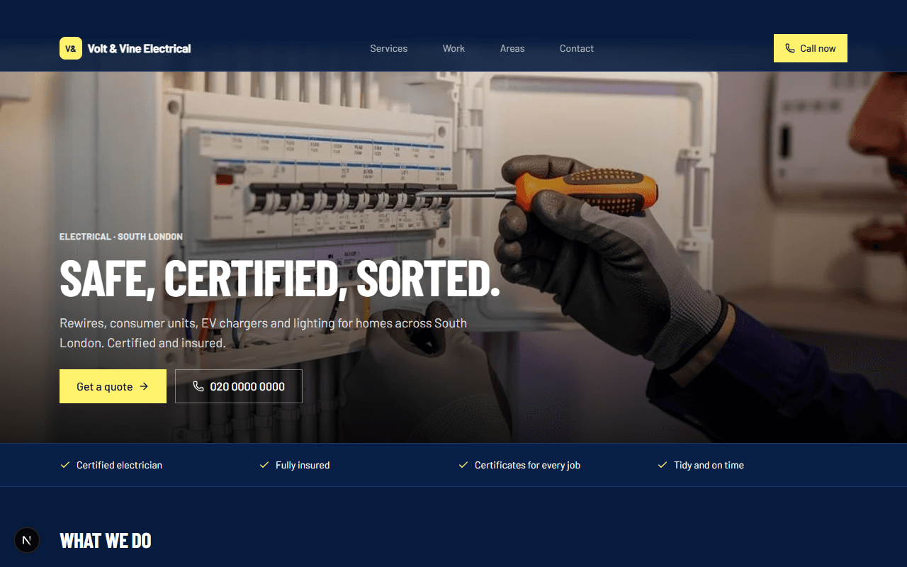 Volt & Vine Electrical: example electrical website