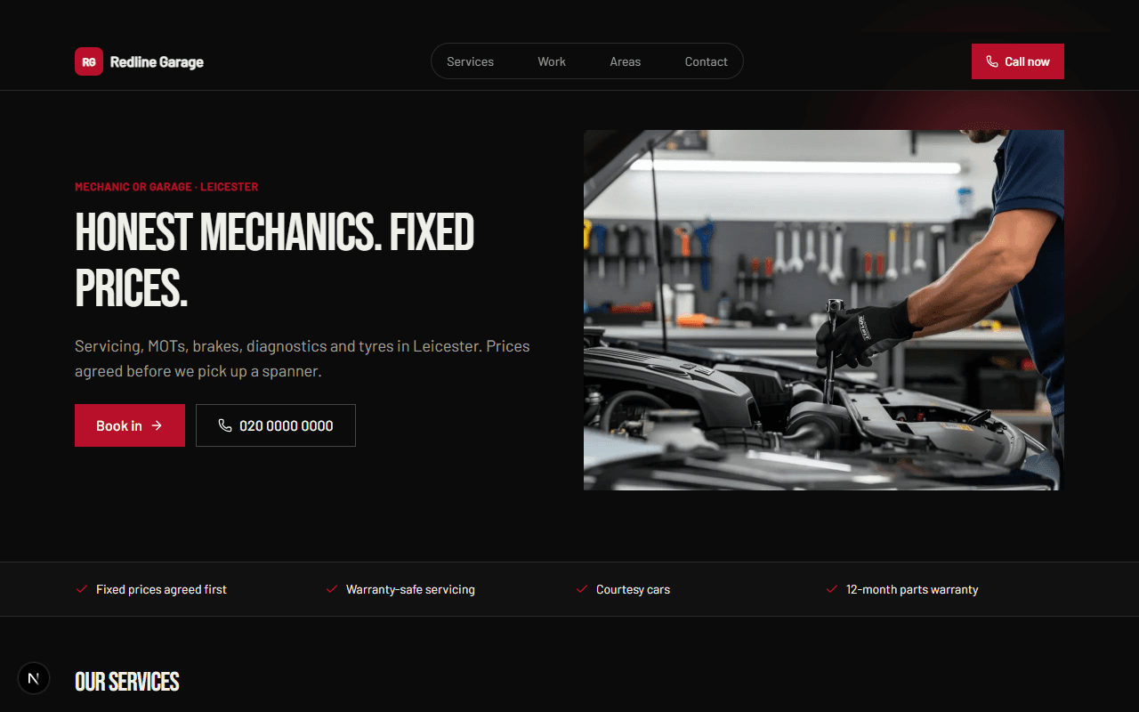 Redline Garage: example mechanic or garage website