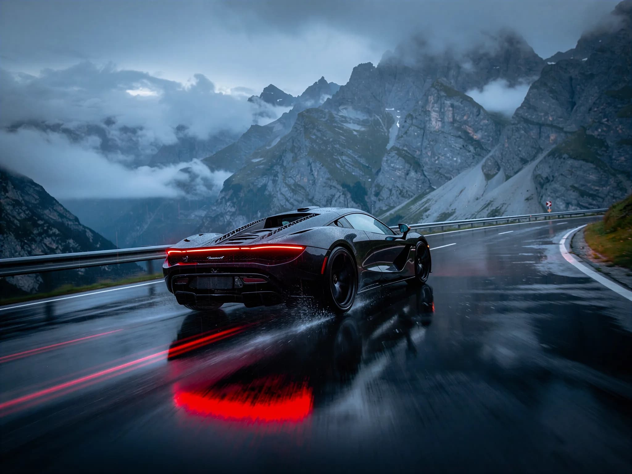 Low electric hypercar at speed on a wet alpine road.