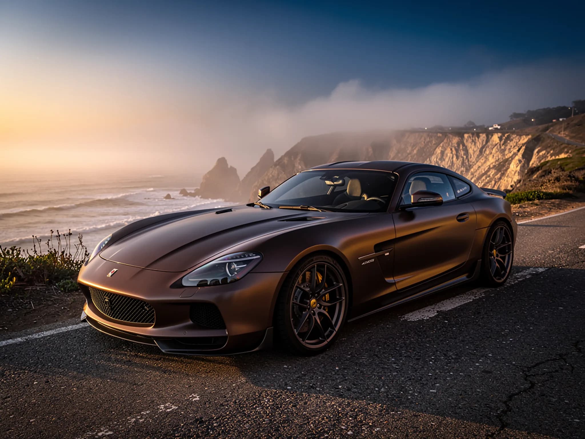 Long-bonnet coupe in dark bronze on a coastal cliff road.