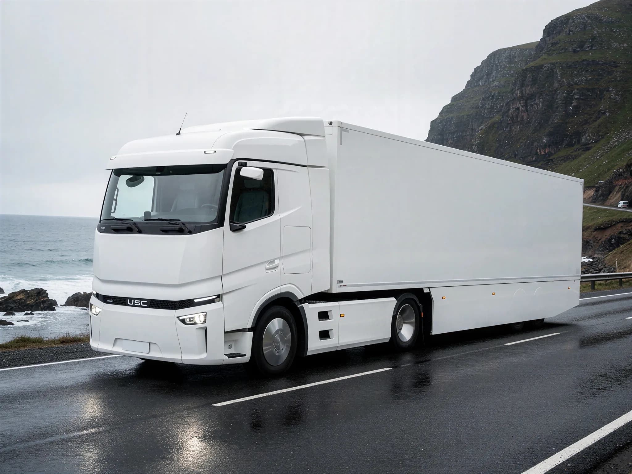 Electric long-haul truck with a single sealed body.