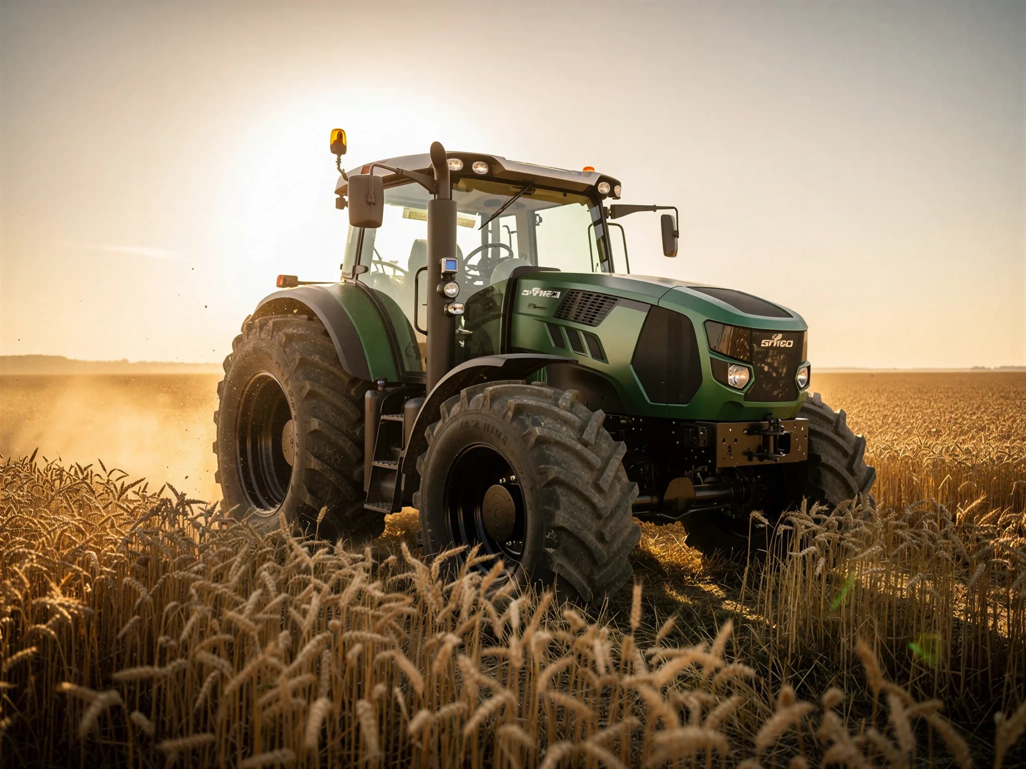 A tractor in ripe wheat at the end of the day.