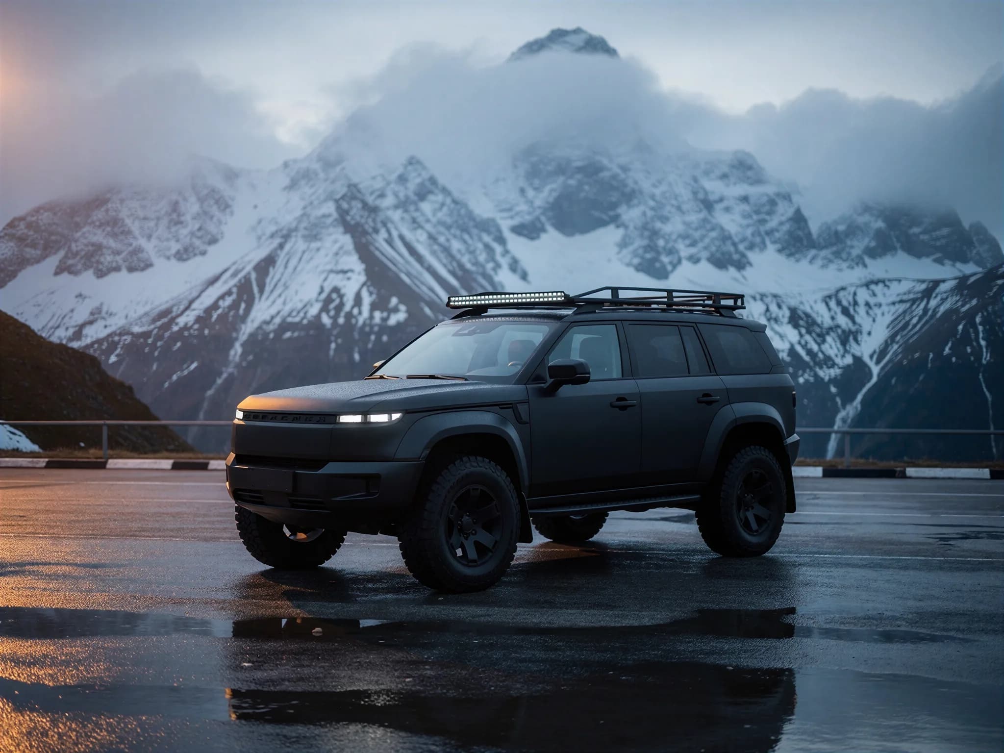 Electric expedition vehicle on a wet mountain road.