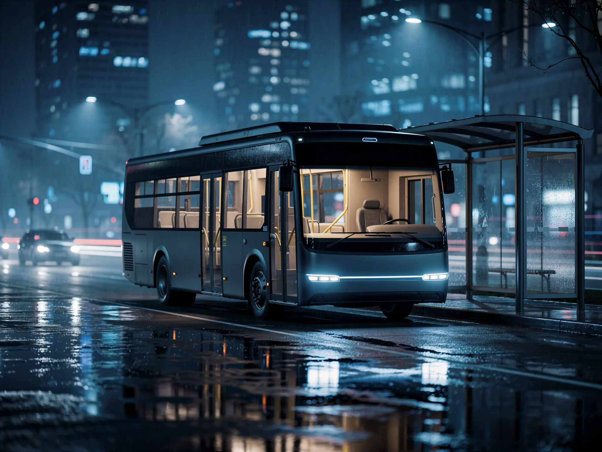 Autonomous city bus waiting at a rain-lit stop.