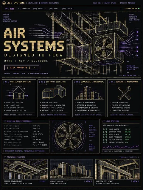 Air Systems: brass line drawing website concept