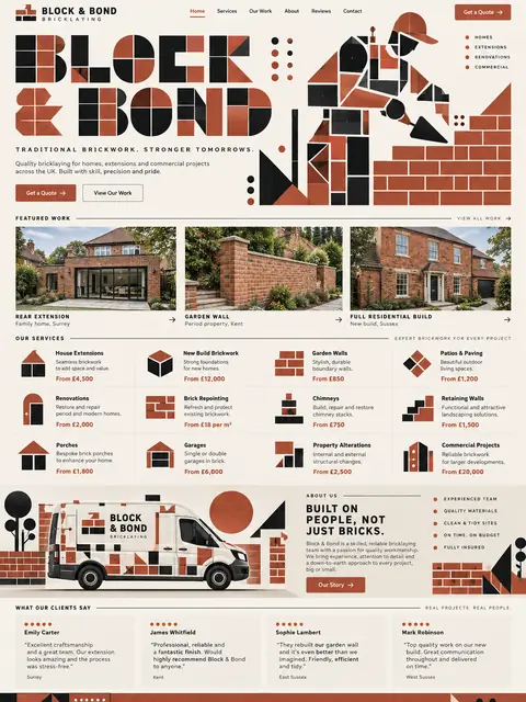 Block & Bond: type as brickwork website concept for brick & roofing