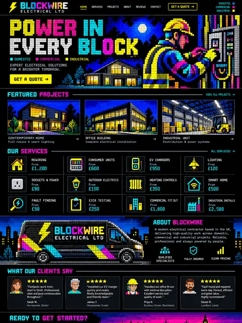 Blockwire: neon pixel website concept for electrical