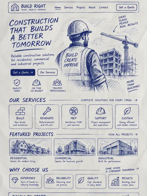 Build Right: pencil sketch website concept for builders