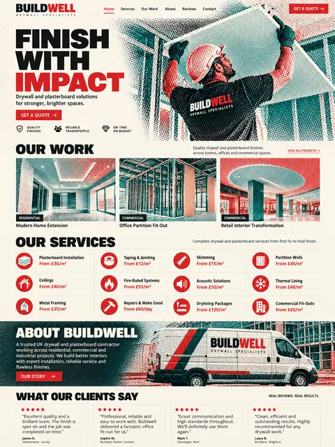 Buildwell: halftone website concept for drylining & fit-out