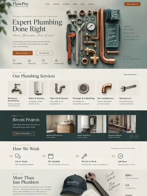 FlowPro: copper and slate website concept for plumbing & heating