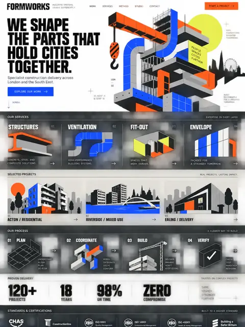 Formworks: bold isometric website concept for builders