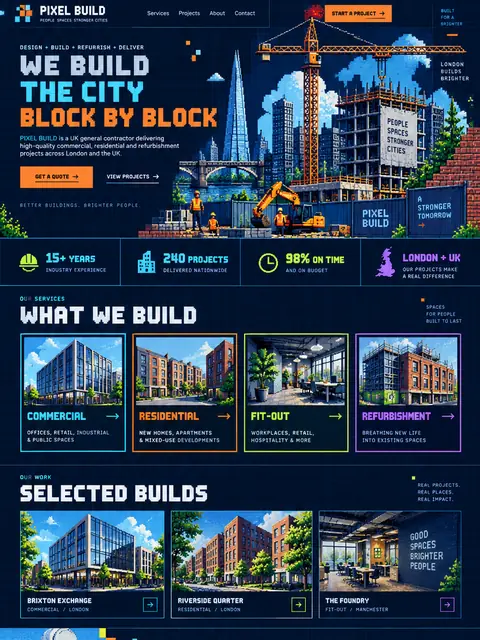 Pixel City: night pixel art website concept for builders