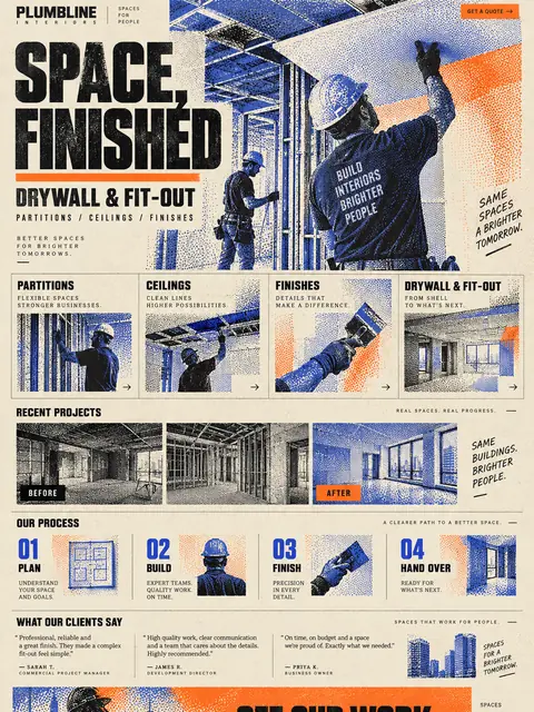 Plumbline: dithered print website concept for drylining & fit-out