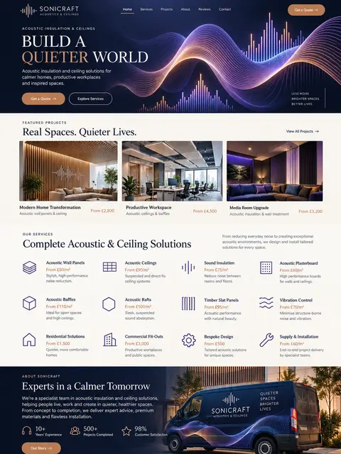 Build a Quieter World: sound waves website concept for drylining & fit-out