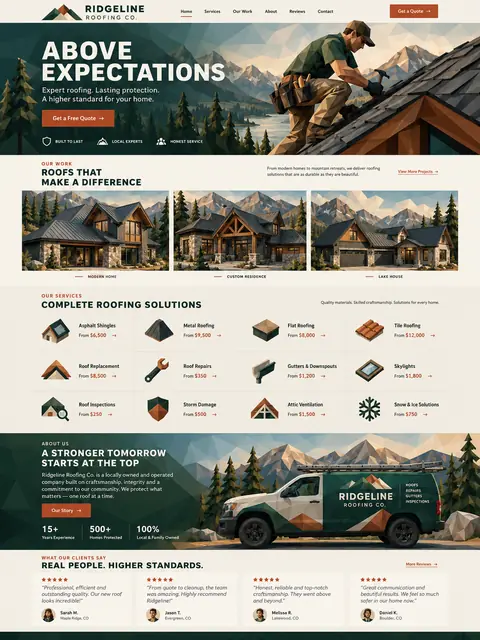 Ridgeline: low-poly roofs website concept for brick & roofing