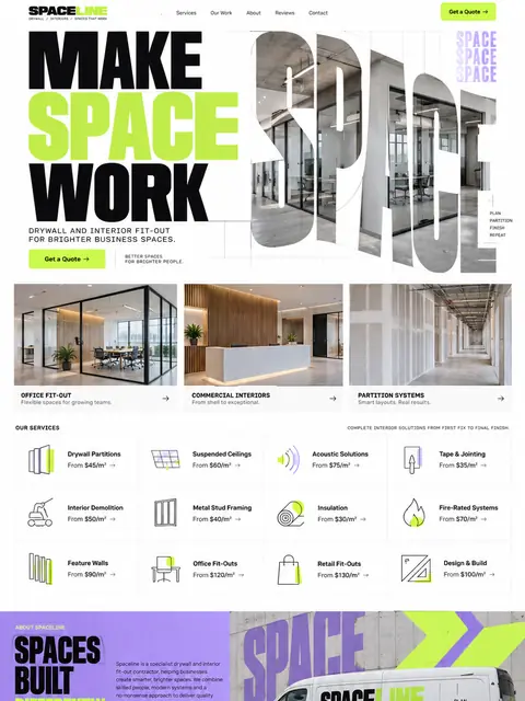 Spacework: kinetic type website concept for drylining & fit-out