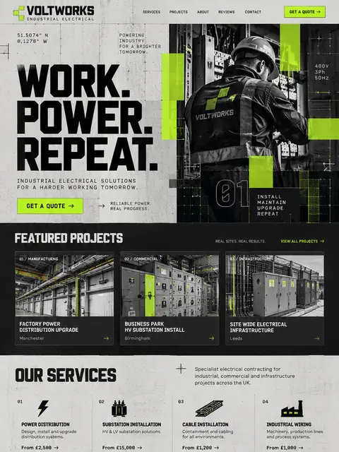 VoltWorks: industrial brutalism website concept for electrical