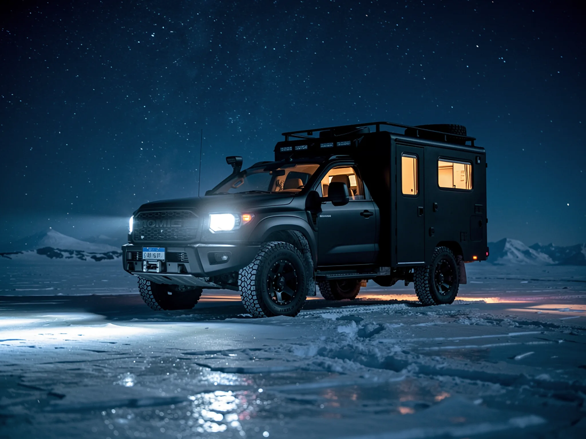Basecamp: Expedition camper truck on a snowfield at night.