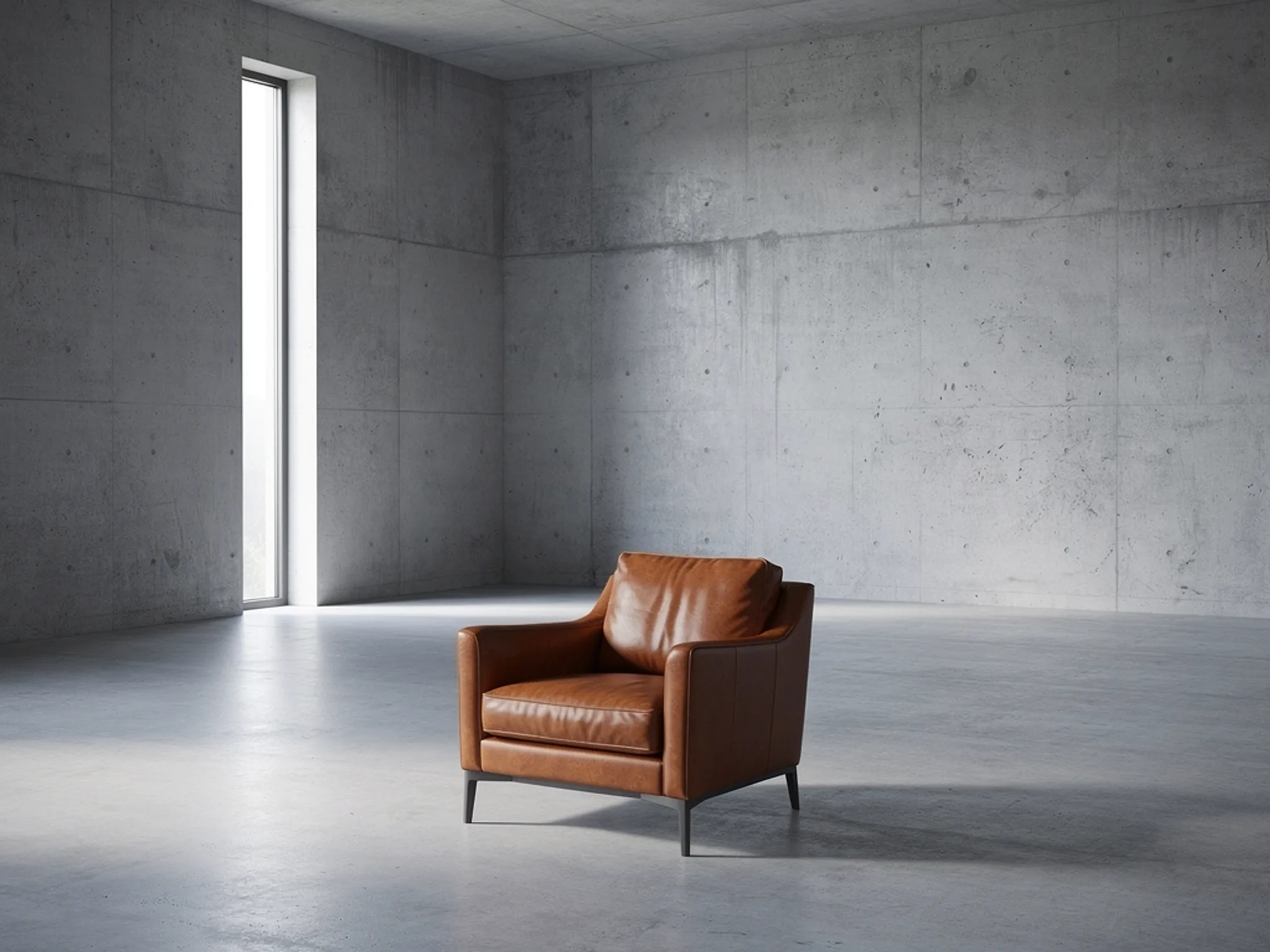 Leather Lounge: A cognac leather chair in a raw concrete room.