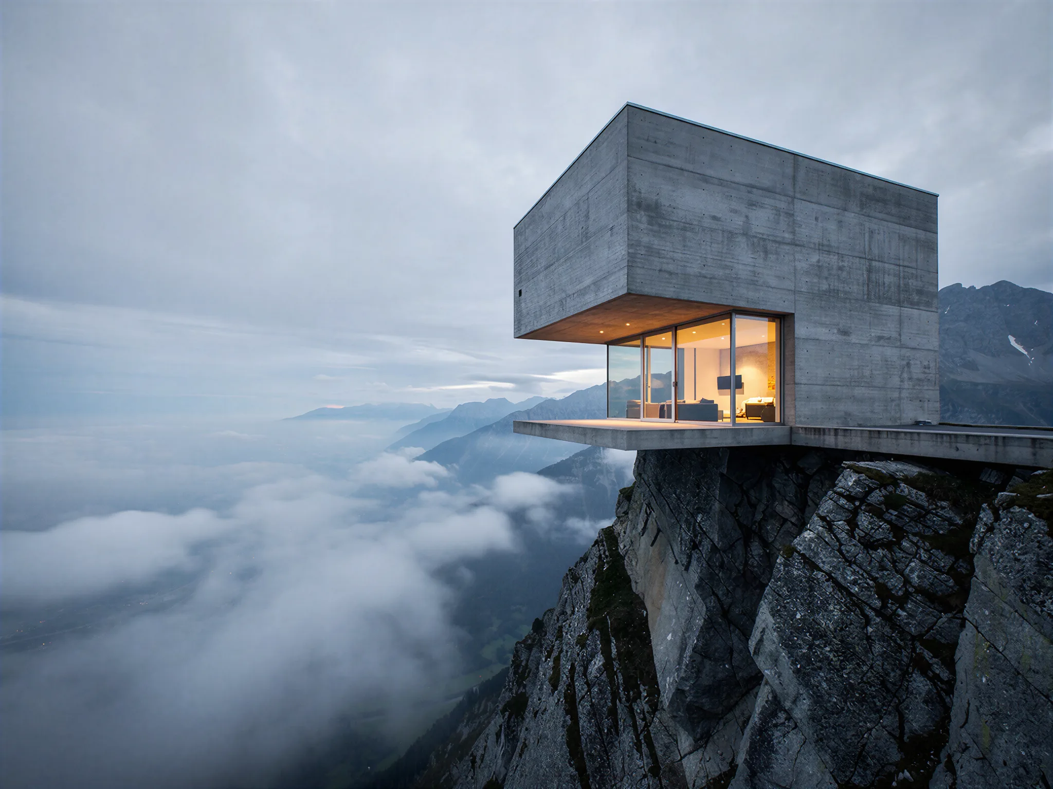 Monolith House: Concrete cube cantilevered over a mountain ridge.