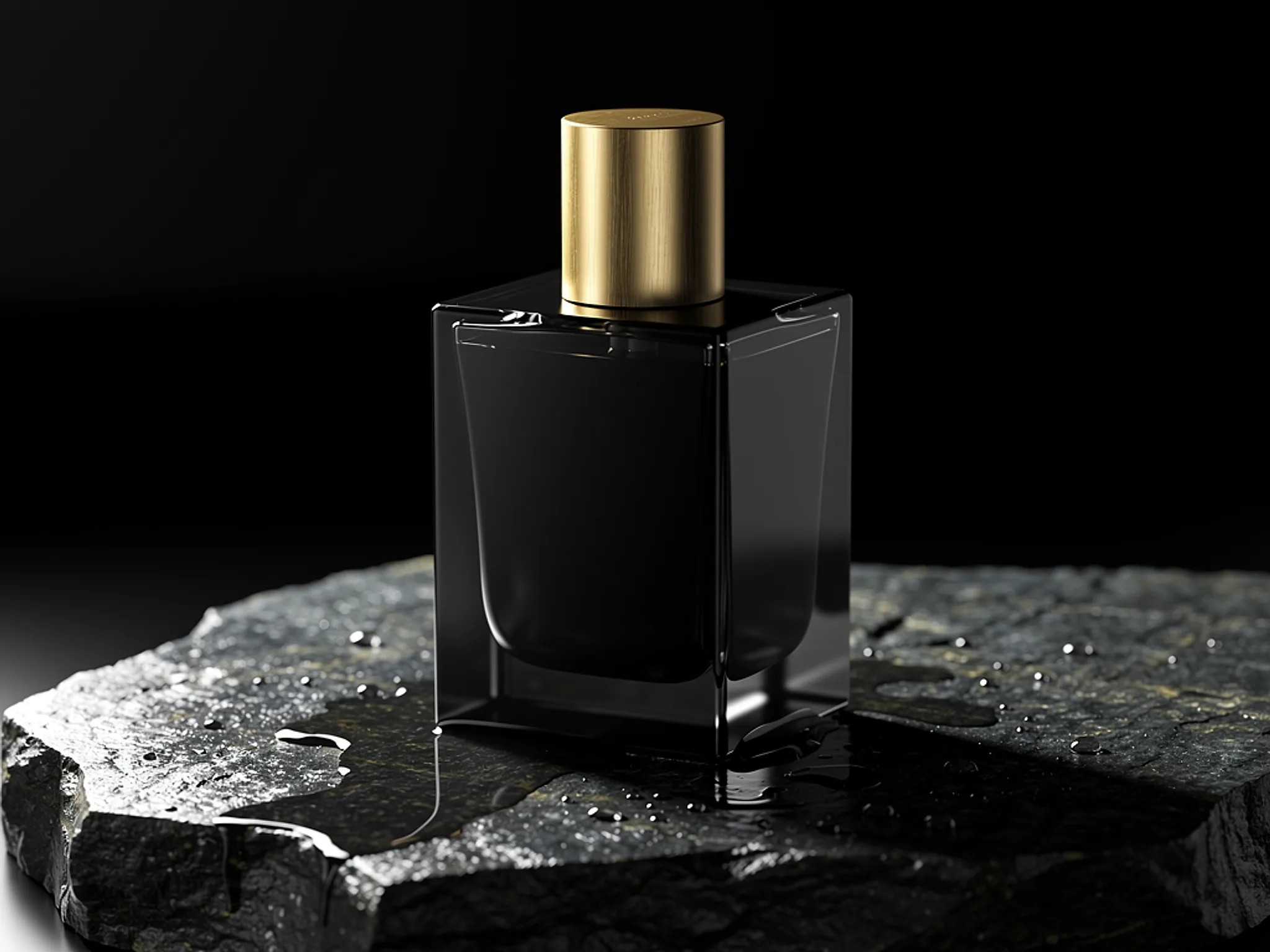 Noir Fragrance: A black glass bottle with a brass cap on wet stone.