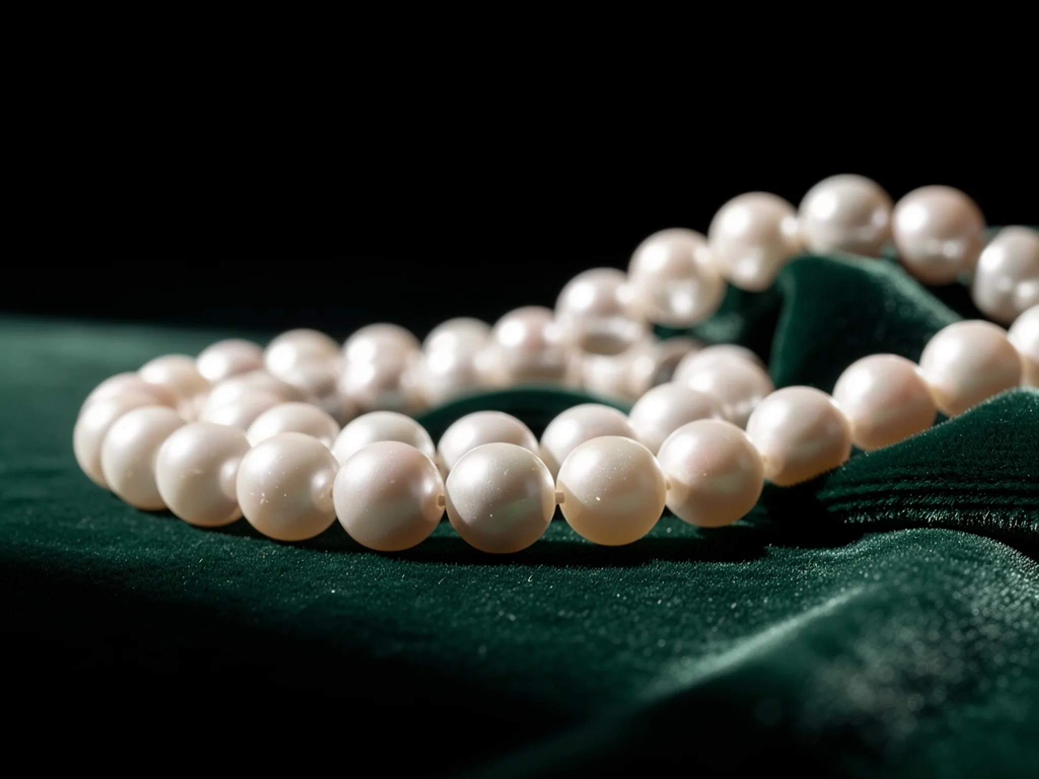 Pearl Strand: Large white pearls coiled on dark green velvet.