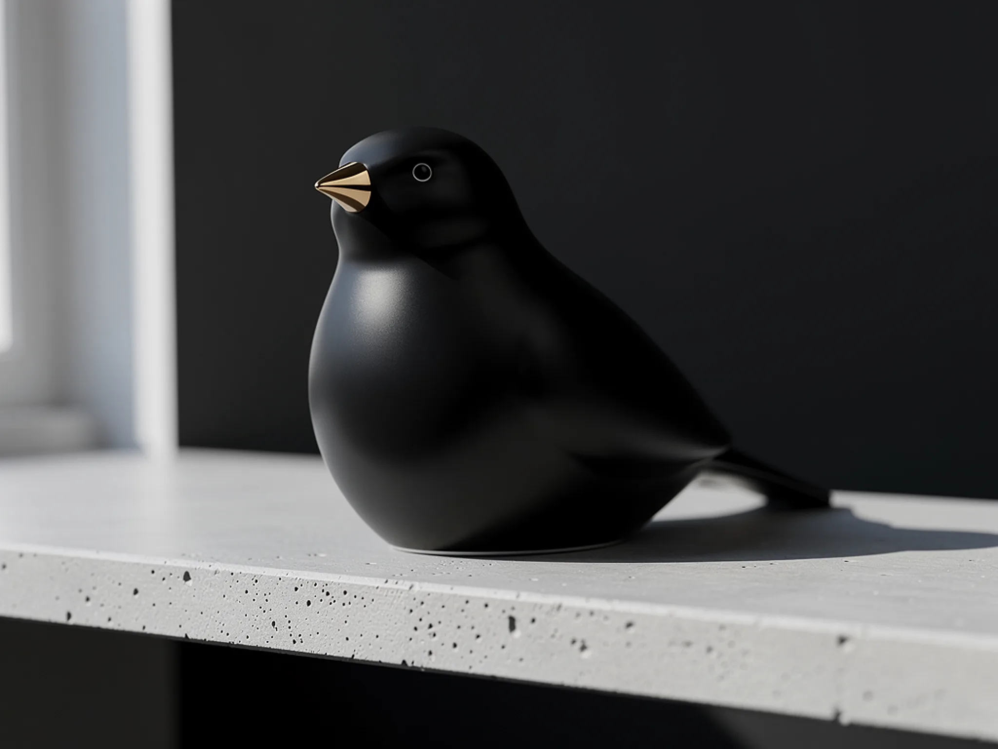 Porcelain Bird: A matte black porcelain bird with a gold beak.