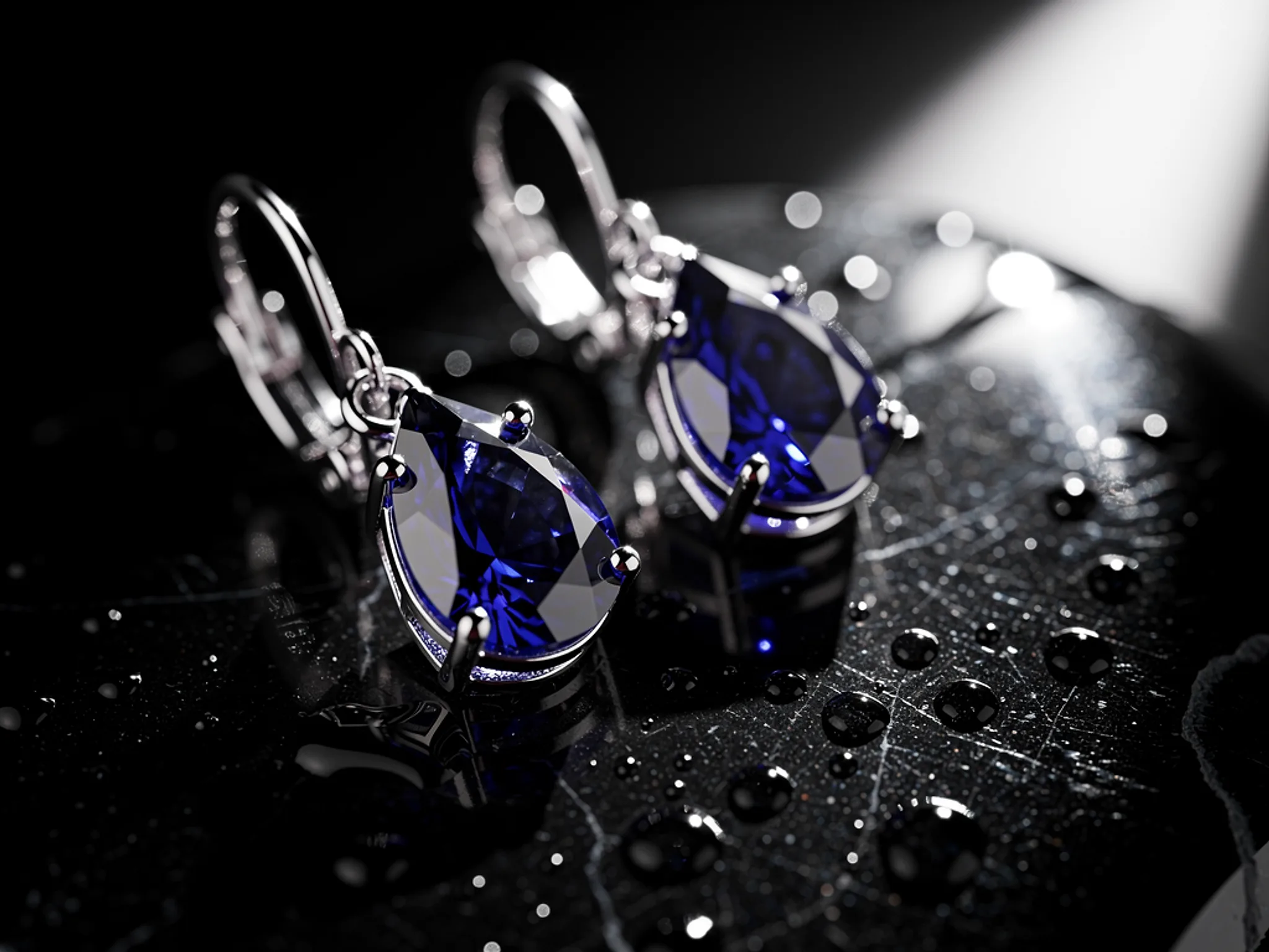 Sapphire Drops: A pair of sapphire drop earrings on wet obsidian.