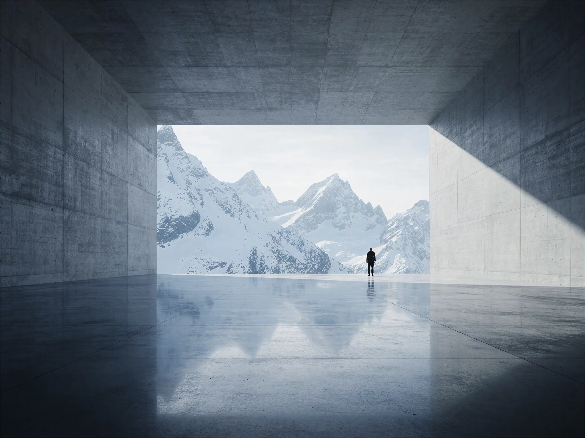 Viewing Hall: A figure at the open end of a concrete hall facing the peaks.