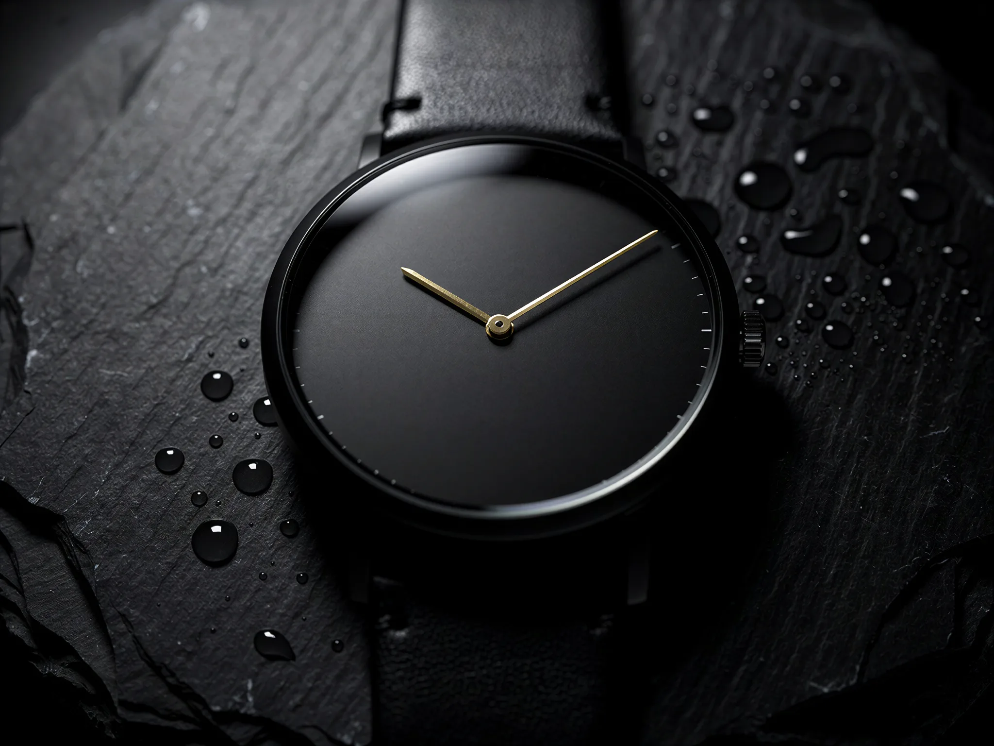 Watch on Stone: A black dress watch resting on wet slate.