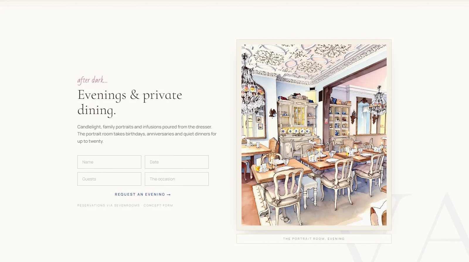 Evenings and private dining, with a booking request built into the page