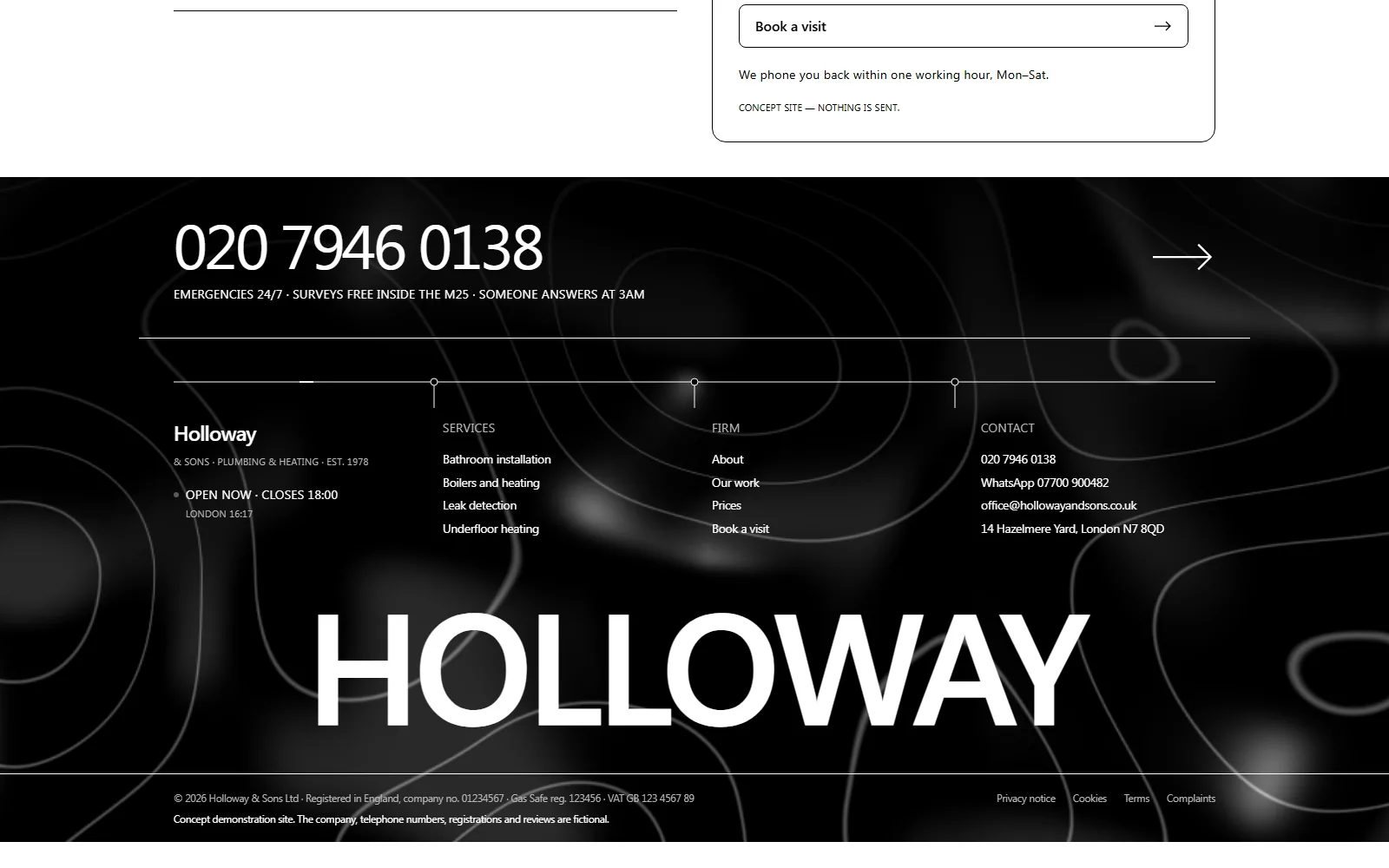 Footer: telephone band, pipe-run sitemap and the water shader