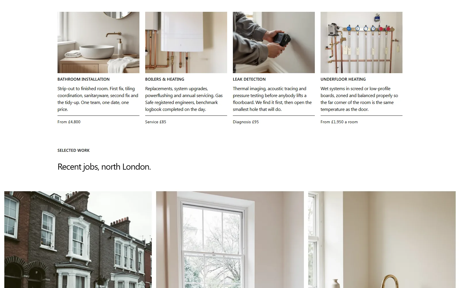 Services and recent jobs — one editorial grid