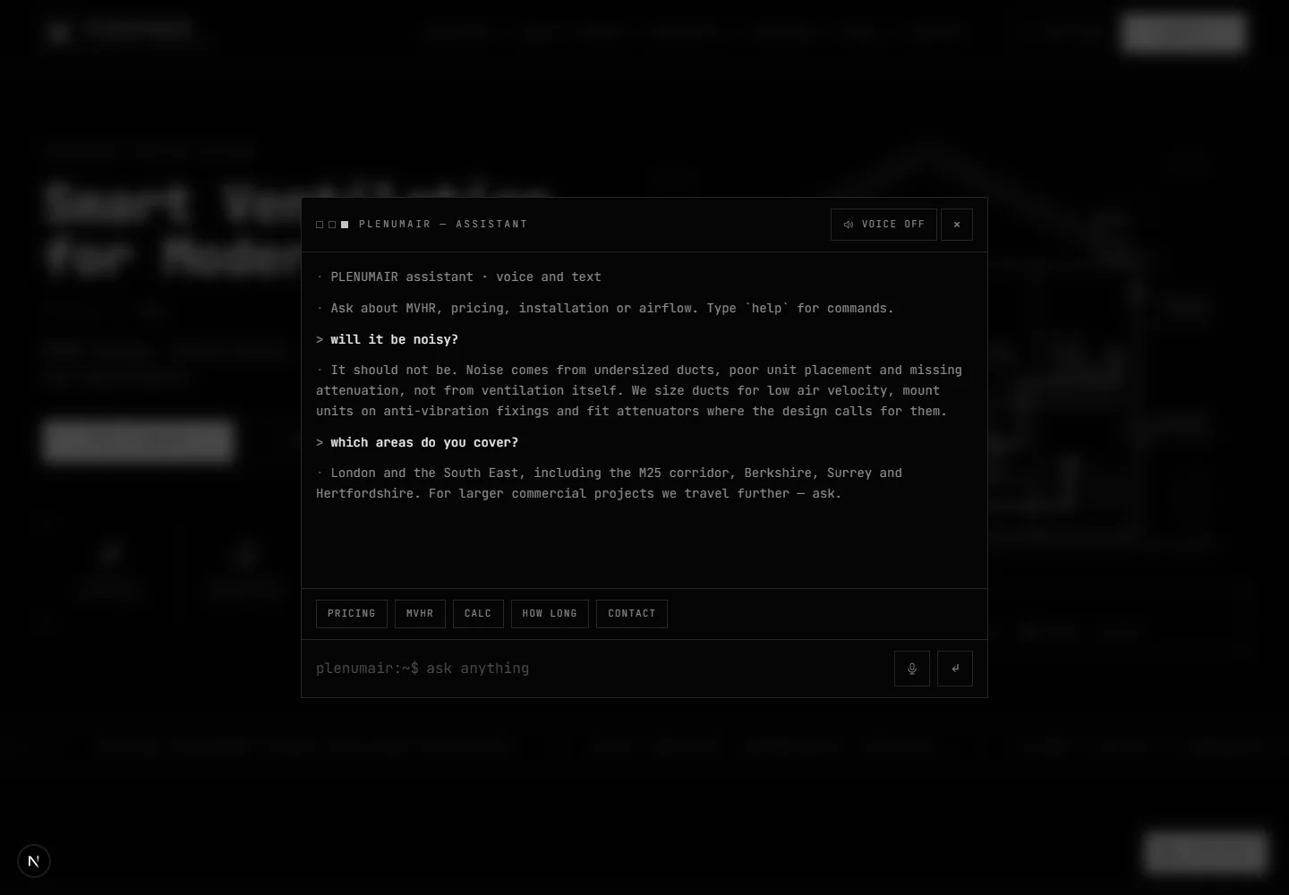 The Cmd+K assistant answering visitor questions in the site's own voice