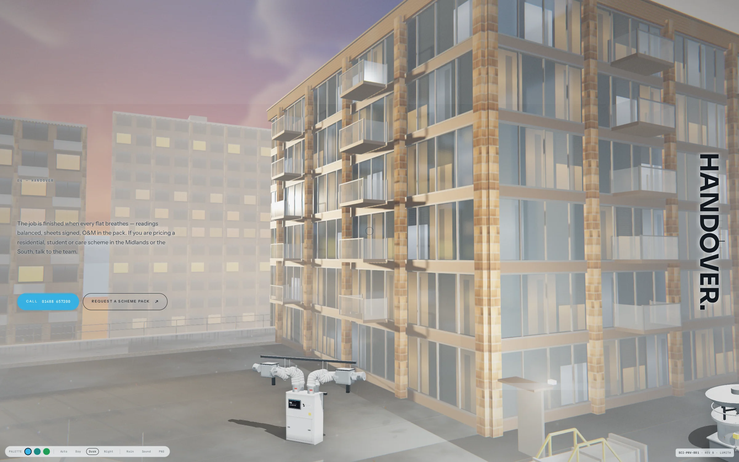 Dusk over the handover chapter, the MVHR and its ductwork on the near plane